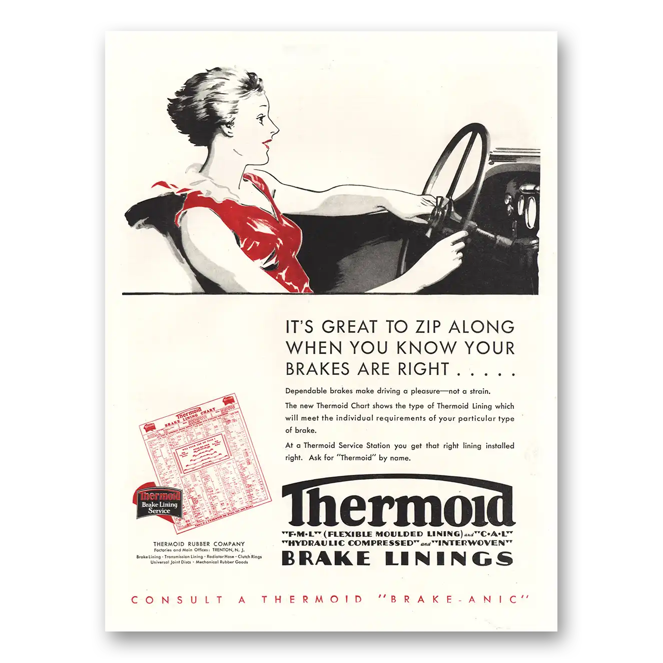 1930 Thermoid Brake Linings Great to Zip Along When You Know Your Brakes Are Right Vintage Magazine Print Ad