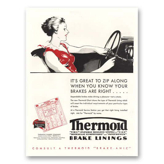 1930 Thermoid Brake Linings Great to Zip Along When You Know Your Brakes Are Right Vintage Magazine Print Ad