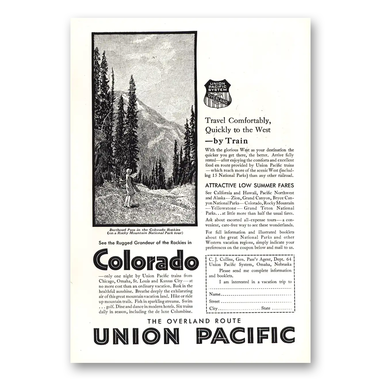 1930 Union Pacific Railroad Rugged Grandeur of the Rockies in Colorado Vintage Magazine Print Ad