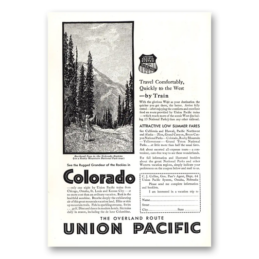 1930 Union Pacific Railroad Rugged Grandeur of the Rockies in Colorado Vintage Magazine Print Ad