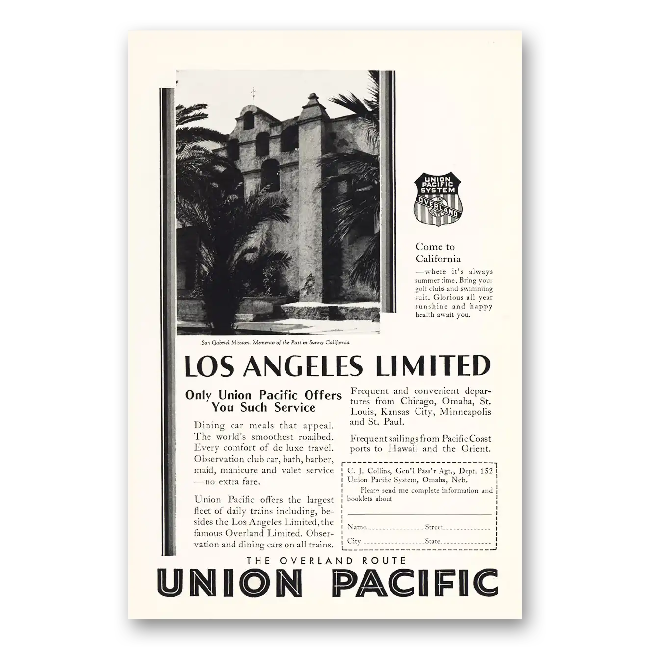 1930 Union Pacific Railroad Los Angeles Limited San Gabriel Mission Vintage Magazine Print Ad