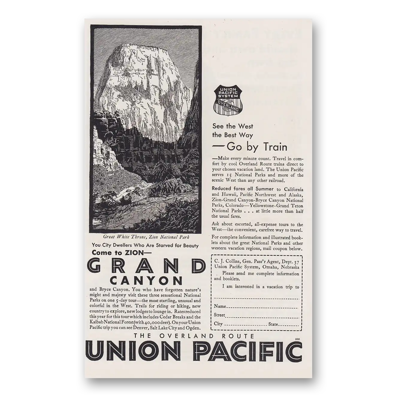 1930 Union Pacific Railroad Grand Canyon Zion Overland Route Vintage Magazine Print Ad