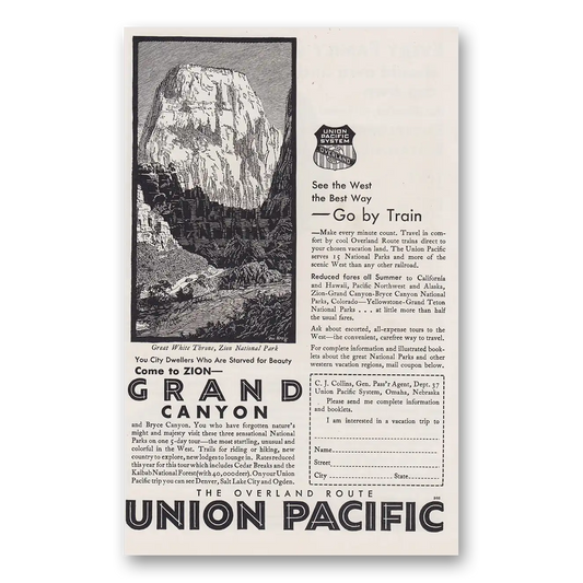 1930 Union Pacific Railroad Grand Canyon Zion Overland Route Vintage Magazine Print Ad