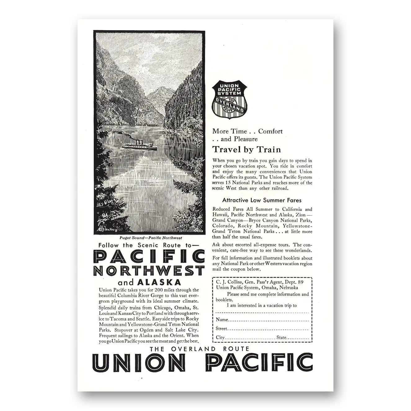 1930 Union Pacific Railroad Puget Sound Vintage Magazine Print Ad