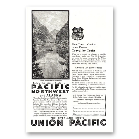 1930 Union Pacific Railroad Puget Sound Vintage Magazine Print Ad