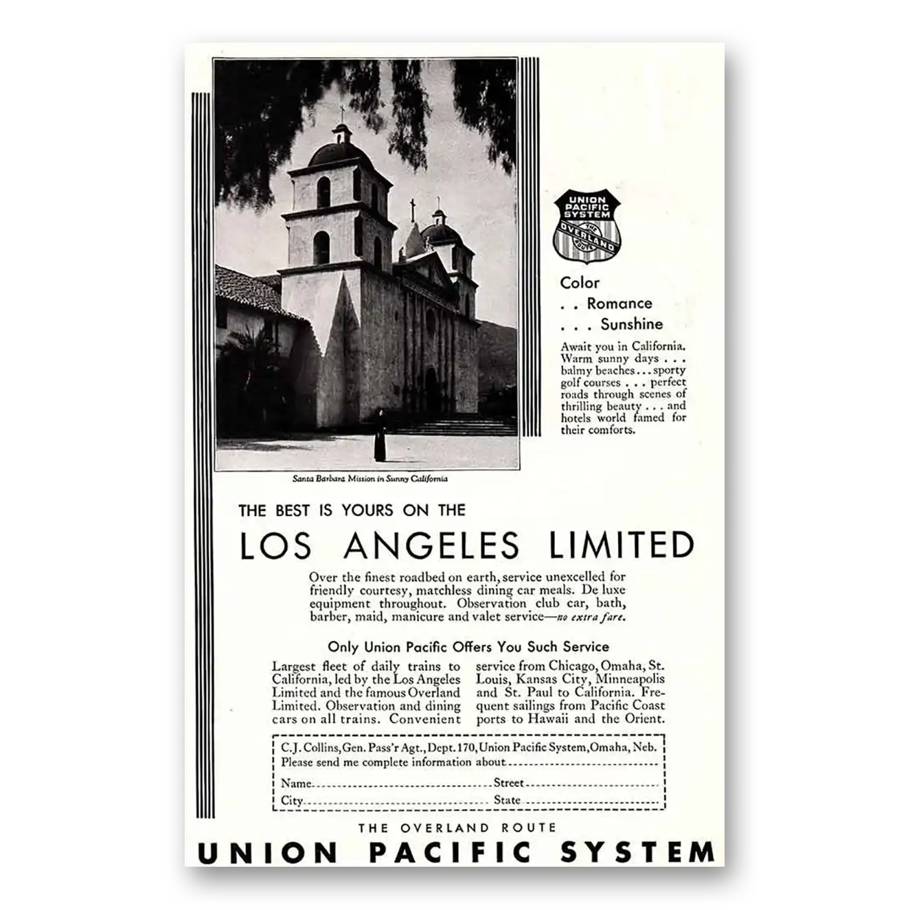 1930 Union Pacific Railroad Los Angeles Limited Vintage Magazine Print Ad