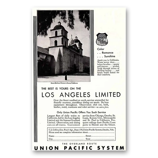 1930 Union Pacific Railroad Los Angeles Limited Vintage Magazine Print Ad