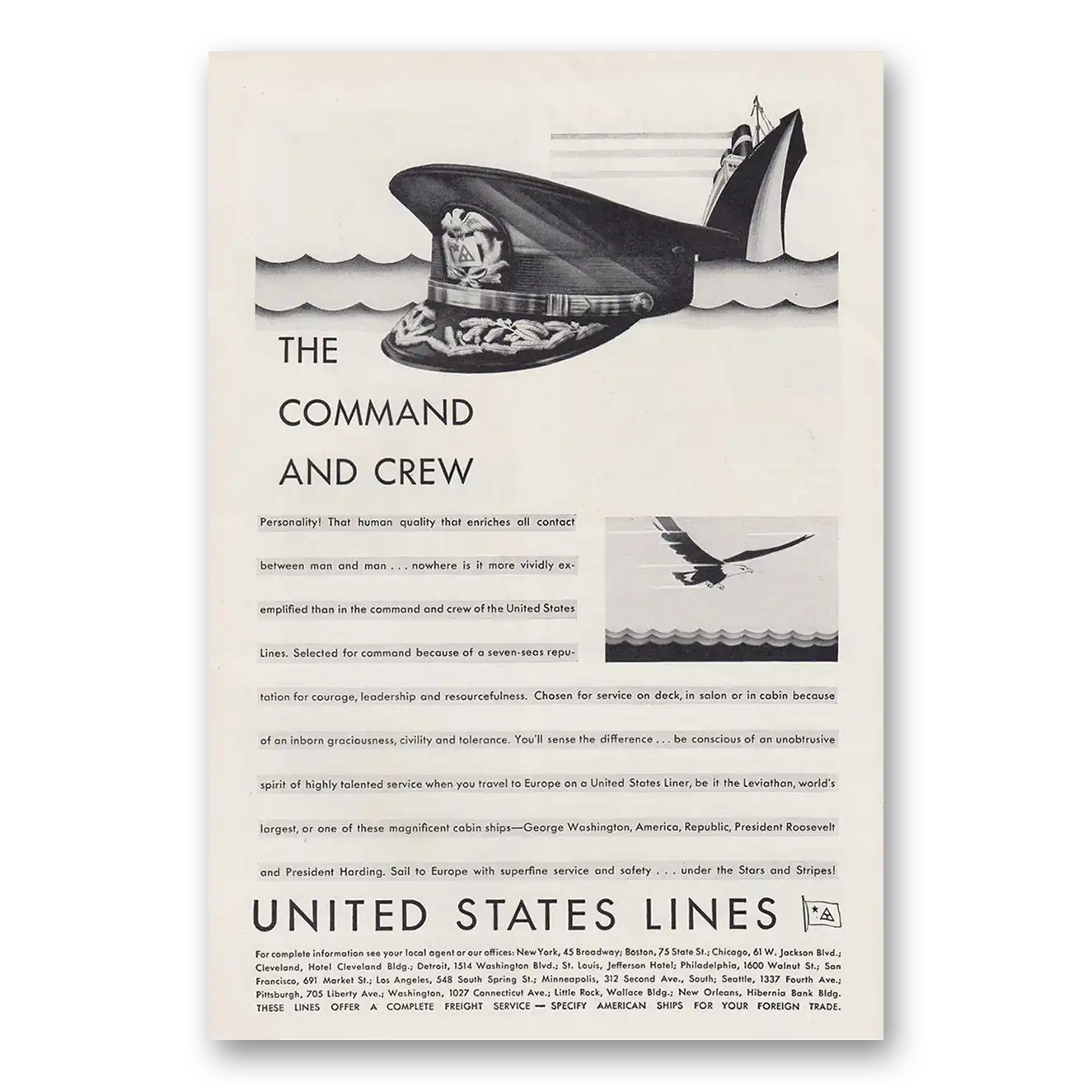 1930 United States Lines Command and Crew Vintage Magazine Print Ad