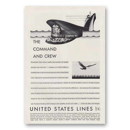 1930 United States Lines Command and Crew Vintage Magazine Print Ad