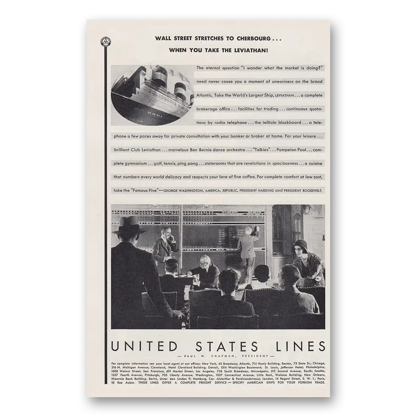 1930 United States Lines Wall Street Stretches to Cherbourg Vintage Magazine Print Ad