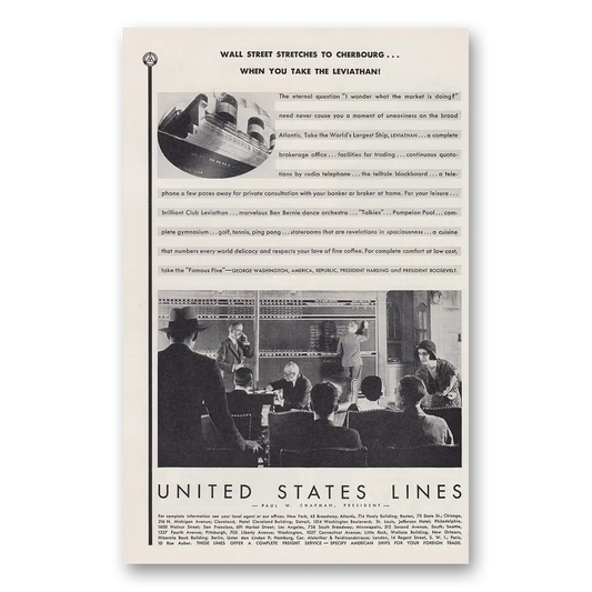 1930 United States Lines Wall Street Stretches to Cherbourg Vintage Magazine Print Ad