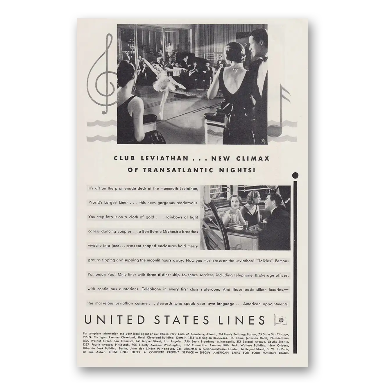 1930 United States Lines Club Leviathan New Climax of Transatlantic Nights Vintage Magazine Print Ad