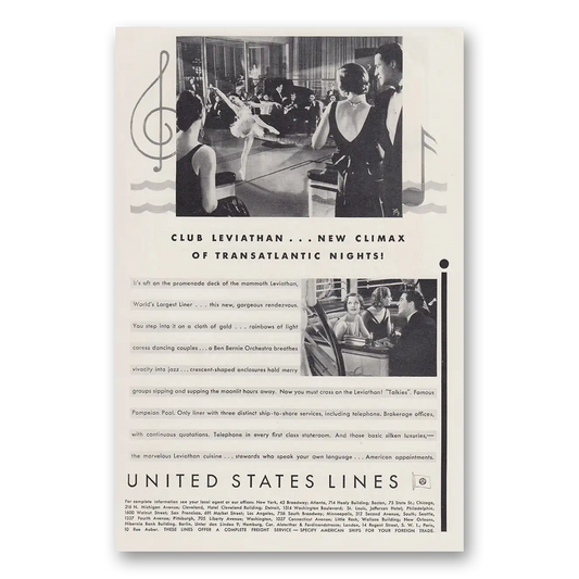 1930 United States Lines Club Leviathan New Climax of Transatlantic Nights Vintage Magazine Print Ad