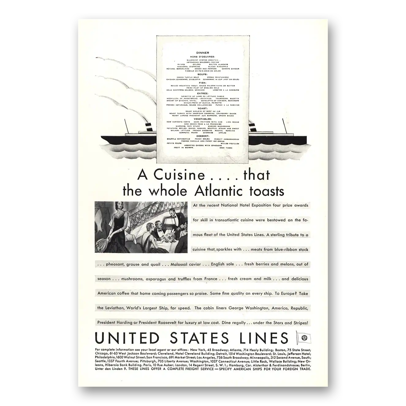 1930 United States Lines Cuisine That the Whole Atlantic Toasts Vintage Magazine Print Ad