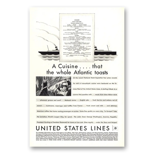 1930 United States Lines Cuisine That the Whole Atlantic Toasts Vintage Magazine Print Ad