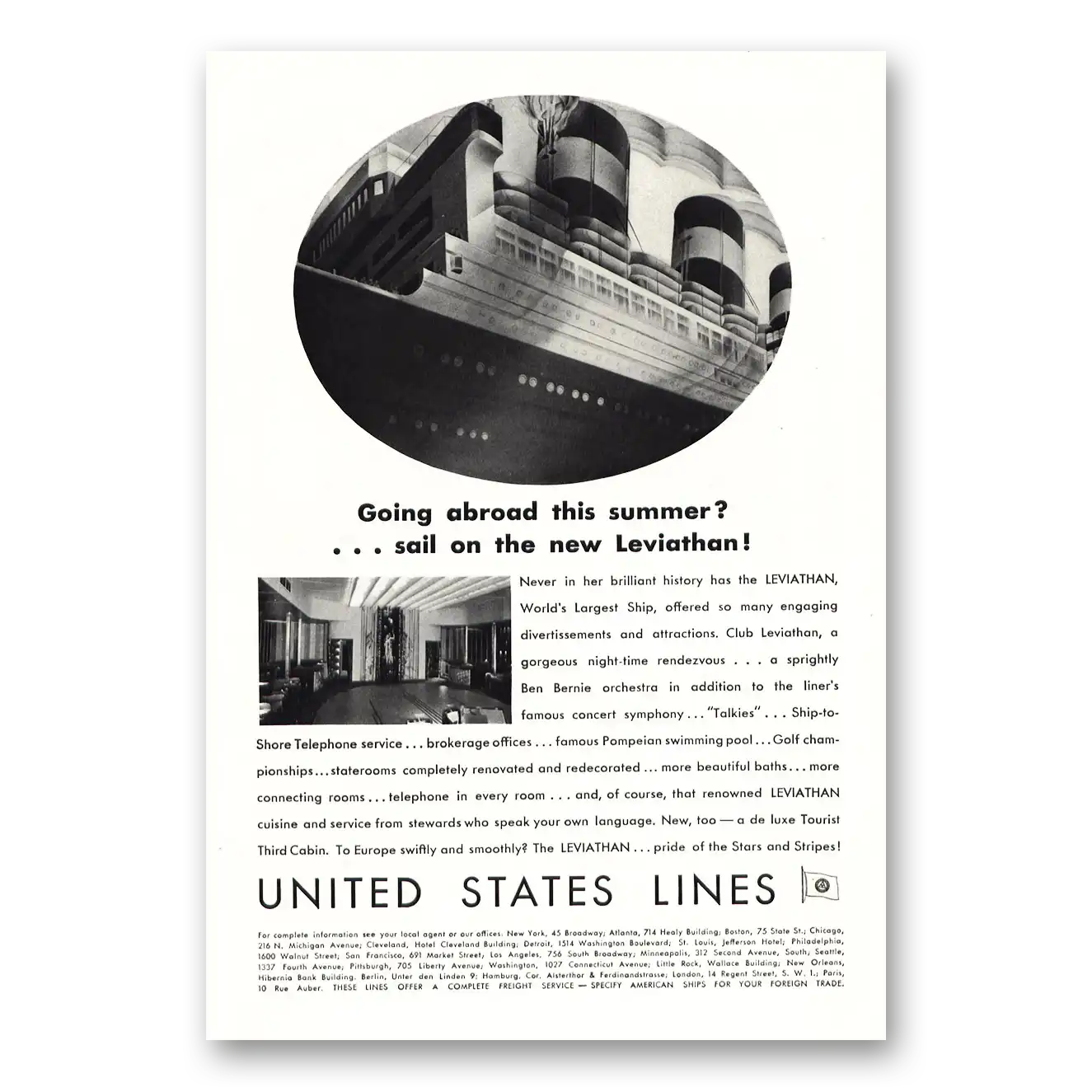 1930 United States Lines Sail On New Leviathan Vintage Magazine Print Ad