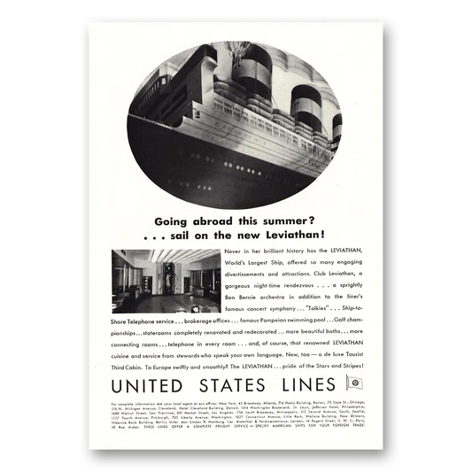 1930 United States Lines Sail On New Leviathan Vintage Magazine Print Ad