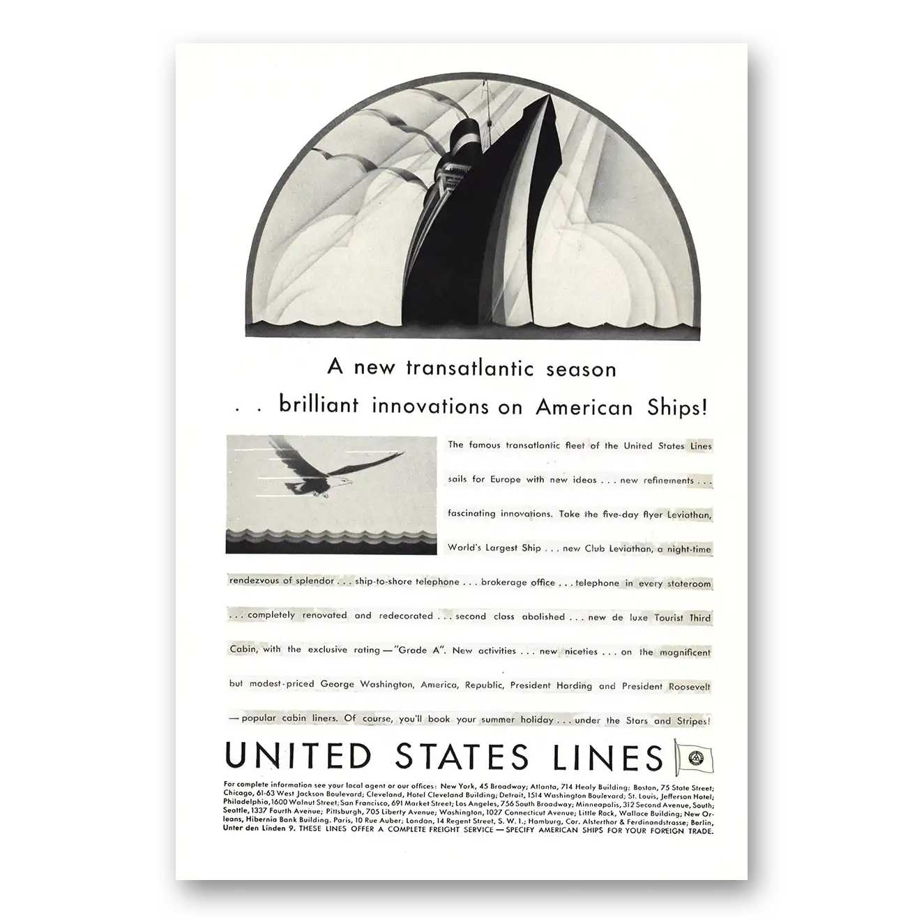 1930 United States Lines Transatlantic Season Vintage Magazine Print Ad