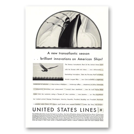 1930 United States Lines Transatlantic Season Vintage Magazine Print Ad