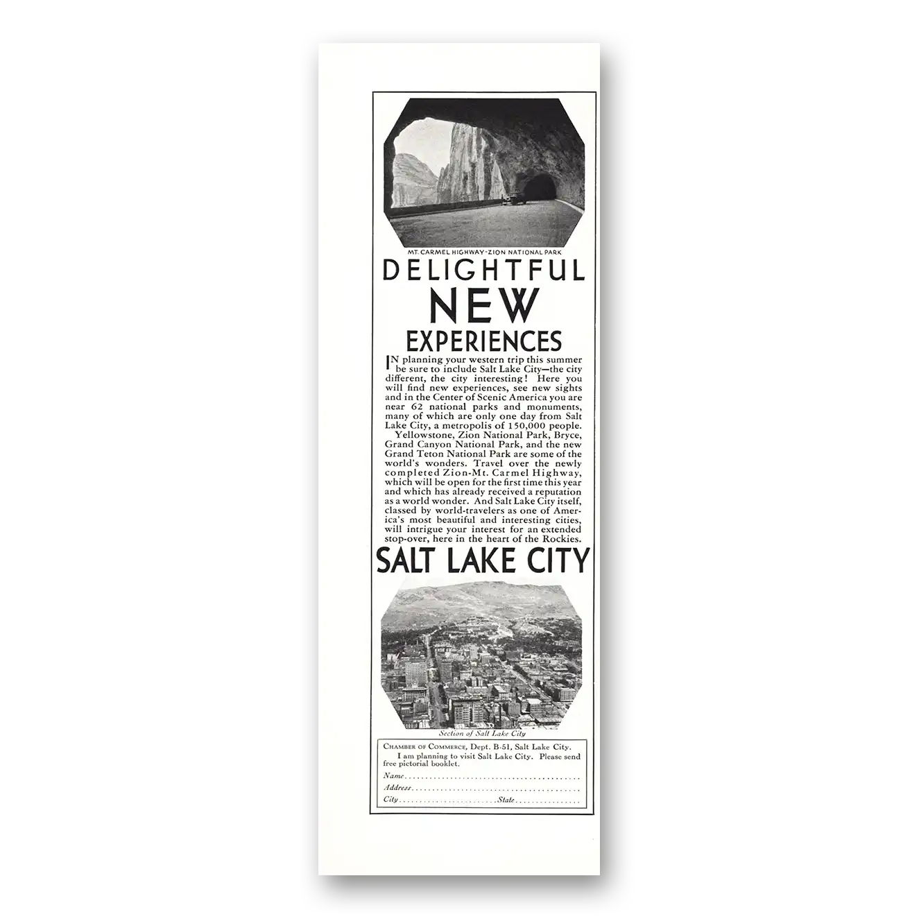 1930 Salt Lake City Utah Delightful New Experiences Vintage Magazine Print Ad