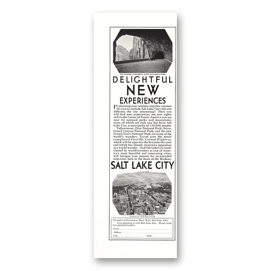 1930 Salt Lake City Utah Delightful New Experiences Vintage Magazine Print Ad