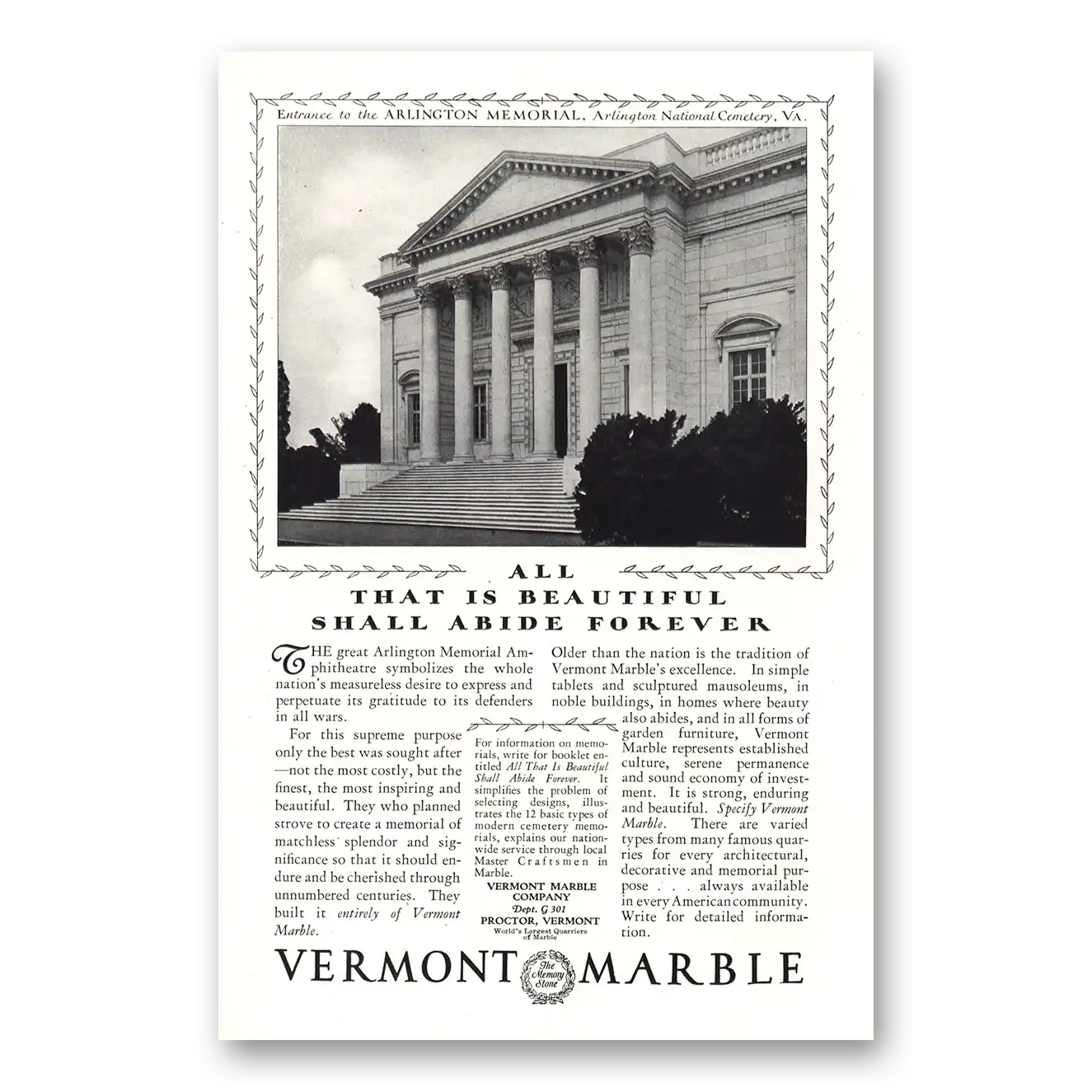 1930 Vermont Marble Arlington Memorial Ampitheatre Vintage Magazine Print Ad