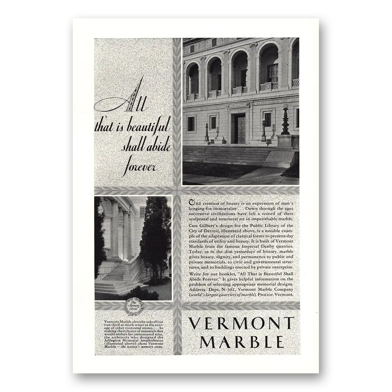 1930 Vermont Marble All That is Beautiful Shall Abide Forever Detroit Public Library Vintage Magazine Print Ad