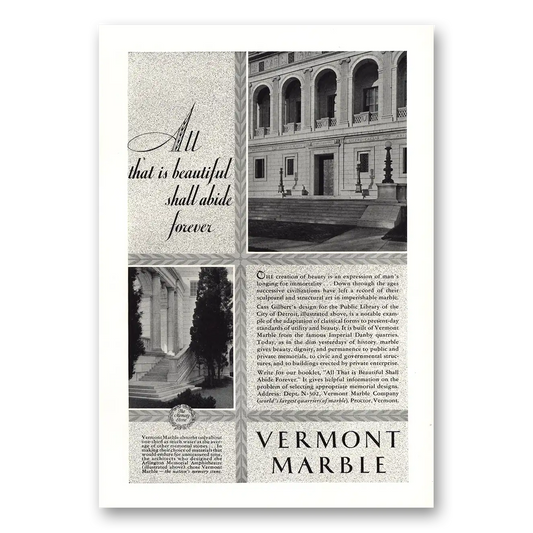 1930 Vermont Marble All That is Beautiful Shall Abide Forever Detroit Public Library Vintage Magazine Print Ad