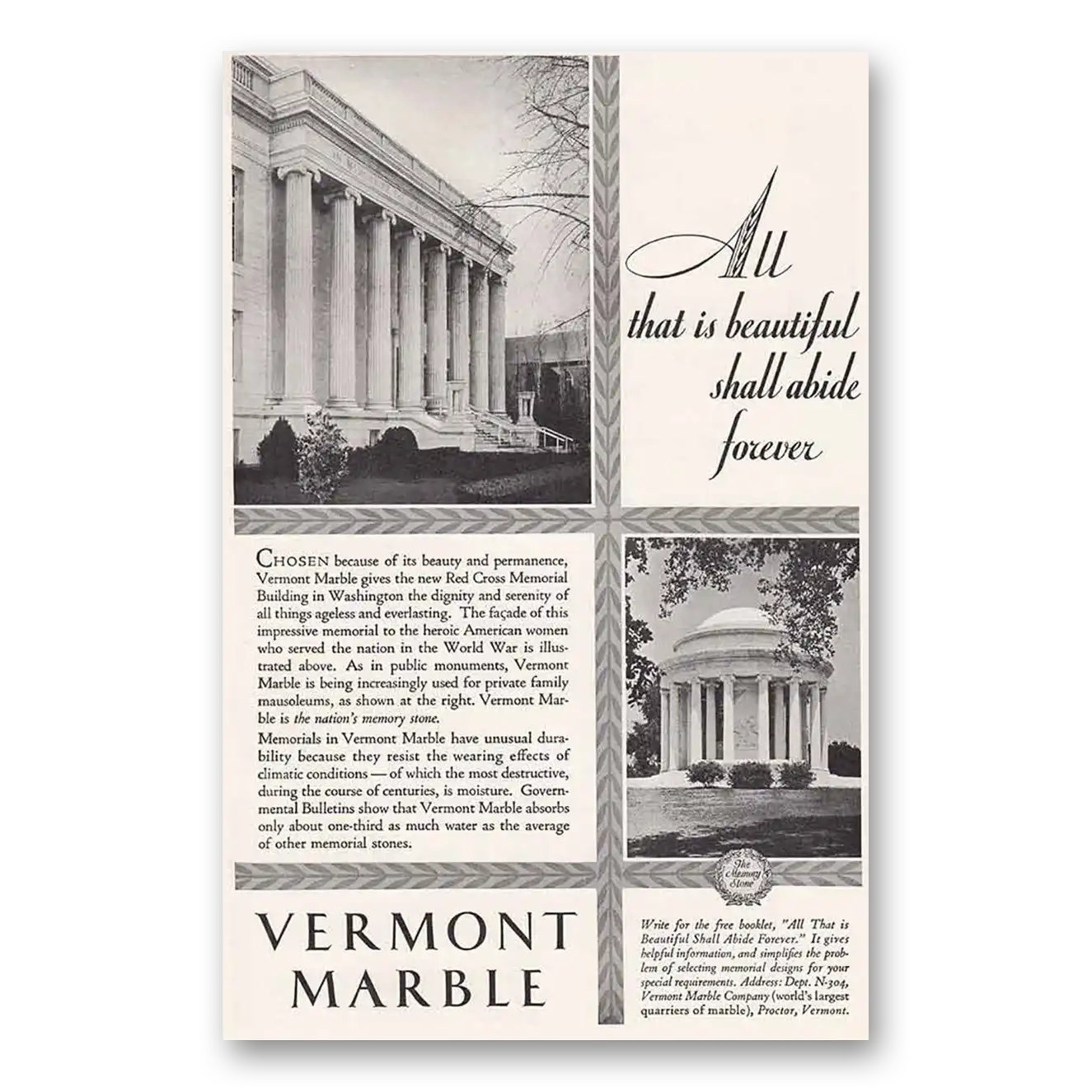 1930 Vermont Marble Red Cross Memorial Building Vintage Magazine Print Ad