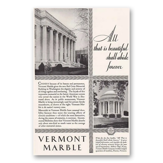 1930 Vermont Marble Red Cross Memorial Building Vintage Magazine Print Ad