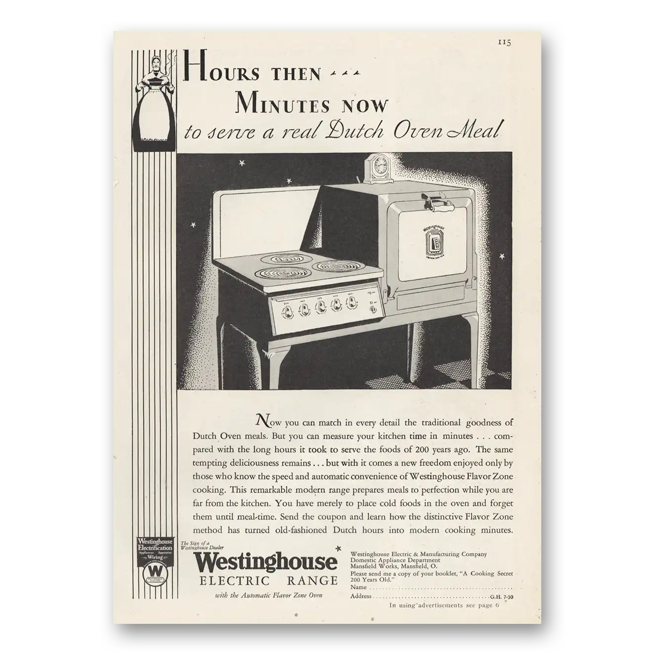 1930 Westinghouse Electric Range Serve a Real Dutch Oven Meal Vintage Magazine Print Ad