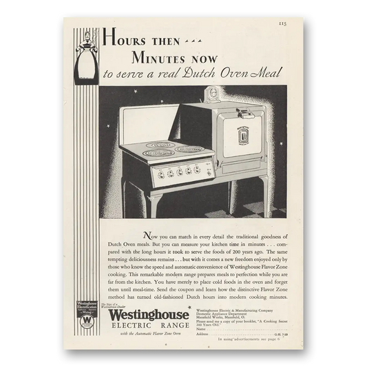 1930 Westinghouse Electric Range Serve a Real Dutch Oven Meal Vintage Magazine Print Ad