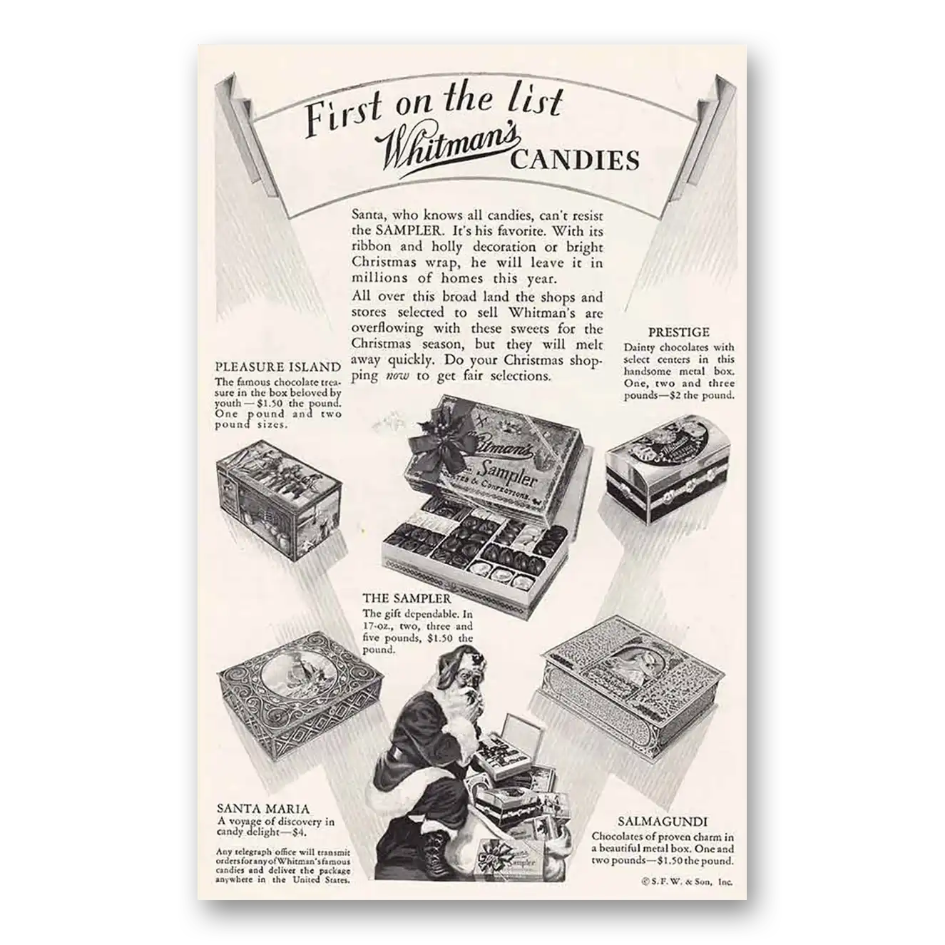 1930 Whitmans Chocolates Candies Santa First on the List Vintage Magazine Print Ad