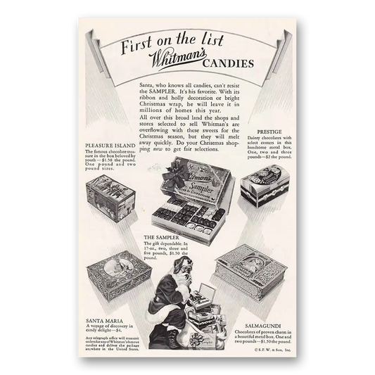 1930 Whitmans Chocolates Candies Santa First on the List Vintage Magazine Print Ad