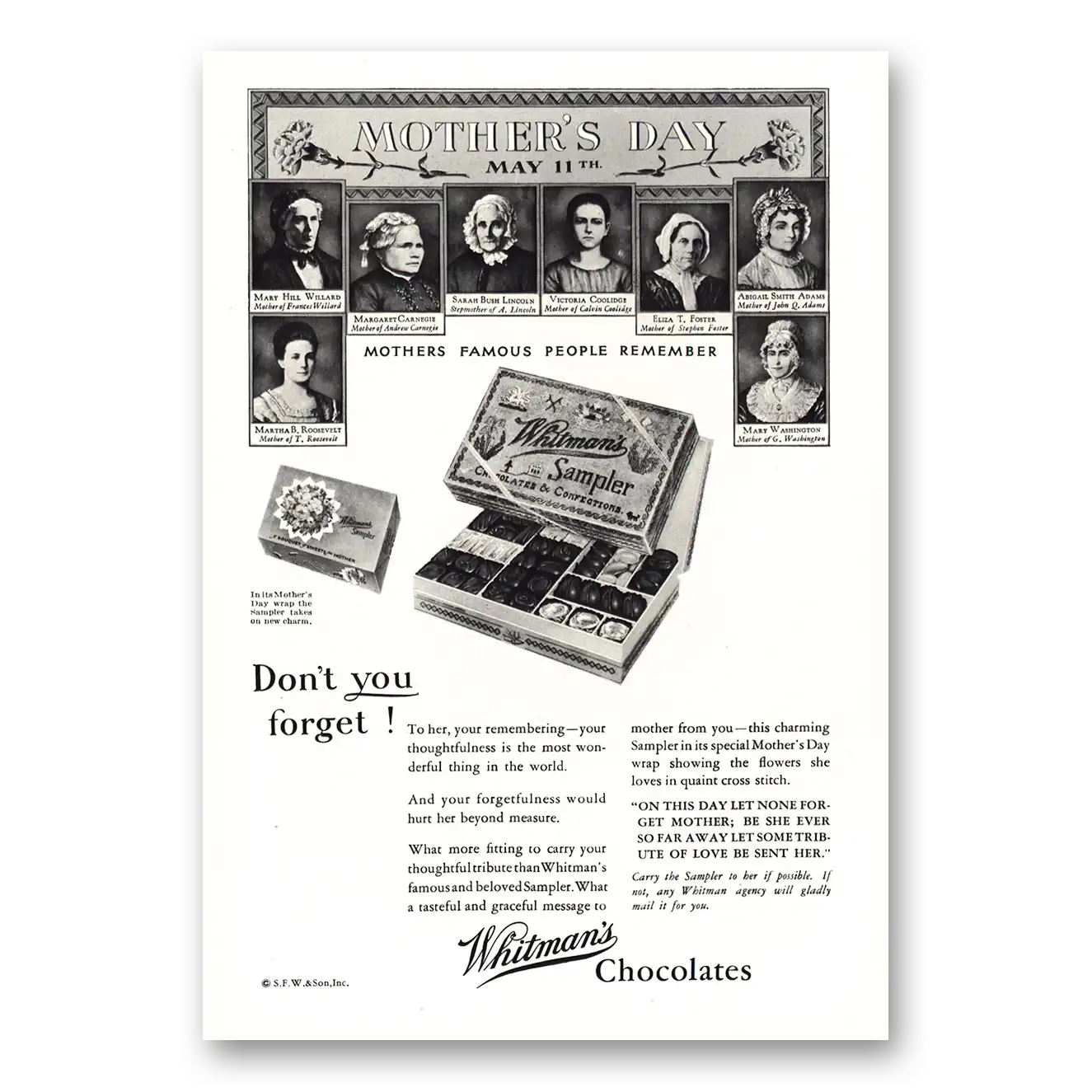 1930 Whitmans Chocolates Mothers Famous People Remember Vintage Magazine Print Ad