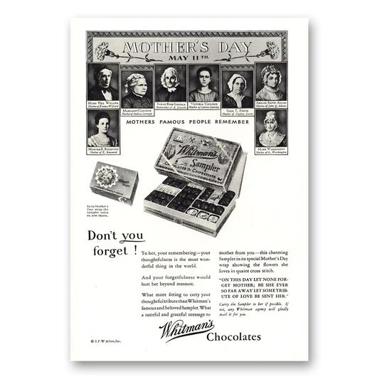 1930 Whitmans Chocolates Mothers Famous People Remember Vintage Magazine Print Ad