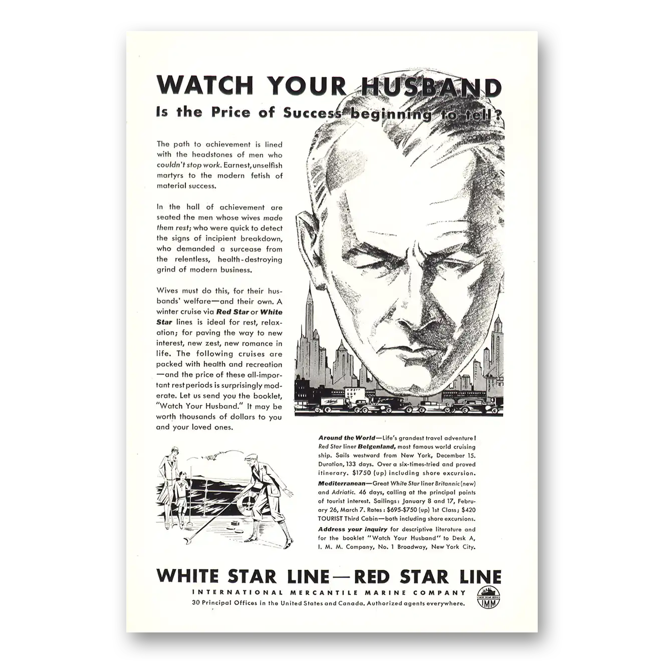 1930 White Star Line Your Husband Price of Success Vintage Magazine Print Ad