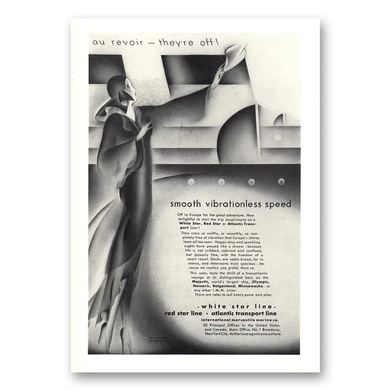 1930 White Star Line Au Revoir Smooth Vibrationless Speed Vintage Magazine Print Ad