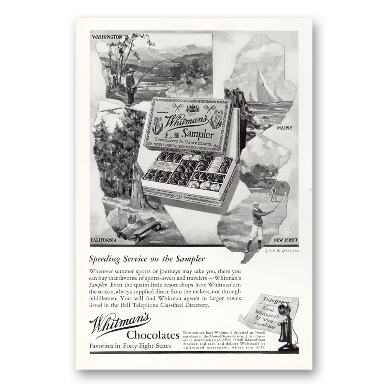 1930 Whitmans Chocolates Speeding Service Maine California Washington New Jersey Vintage Magazine Print Ad