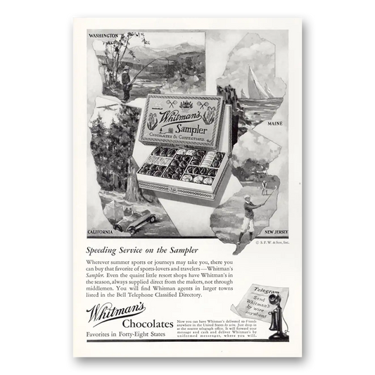 1930 Whitmans Chocolates Speeding Service Maine California Washington New Jersey Vintage Magazine Print Ad