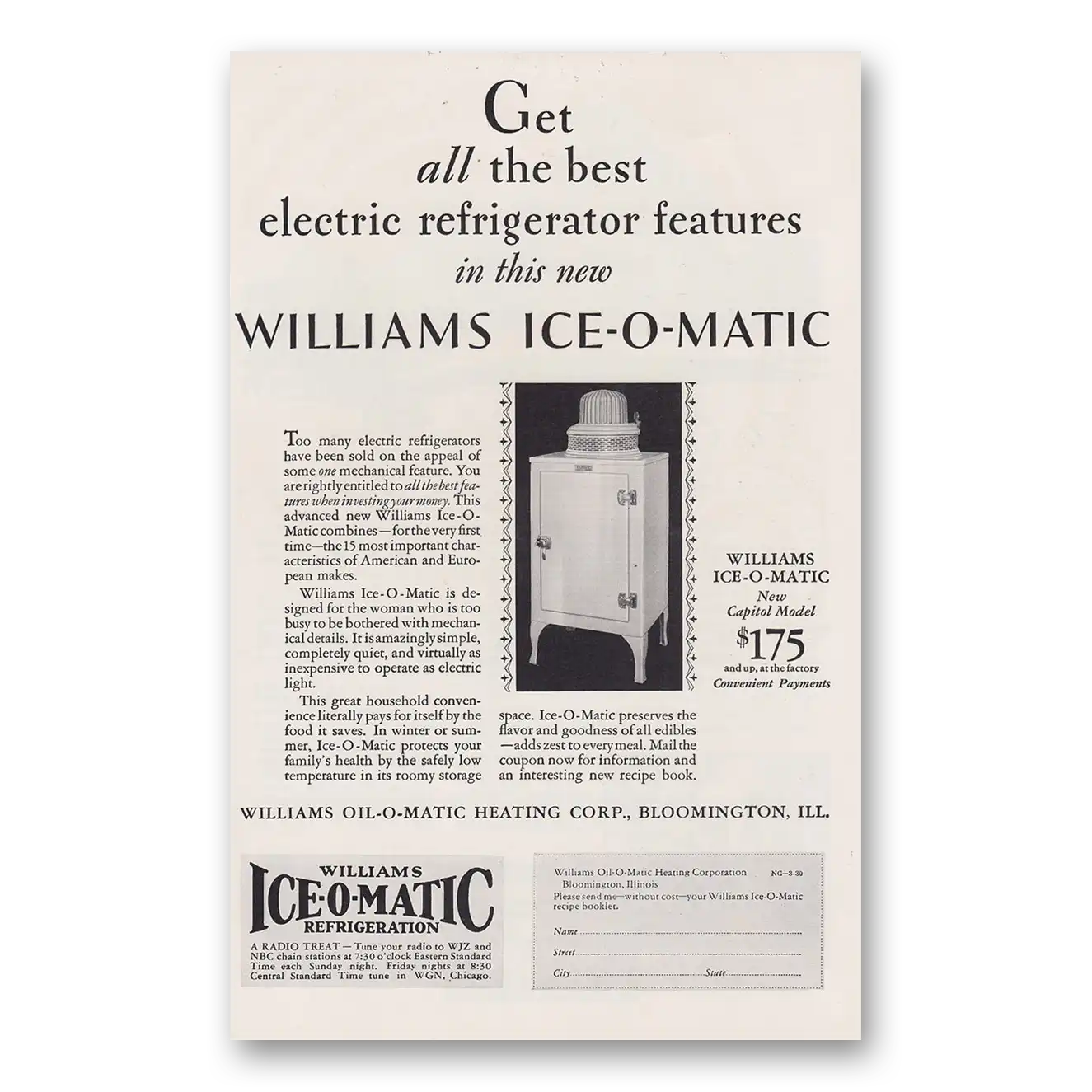 1930 Williams Oil-O-Matic Electric Refrigerator Vintage Magazine Print Ad