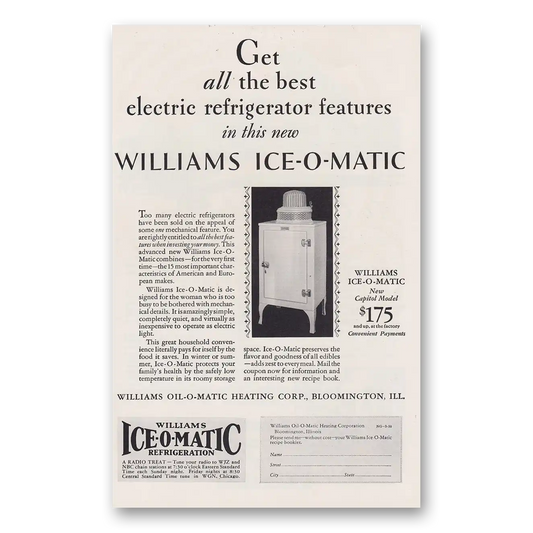 1930 Williams Oil-O-Matic Electric Refrigerator Vintage Magazine Print Ad