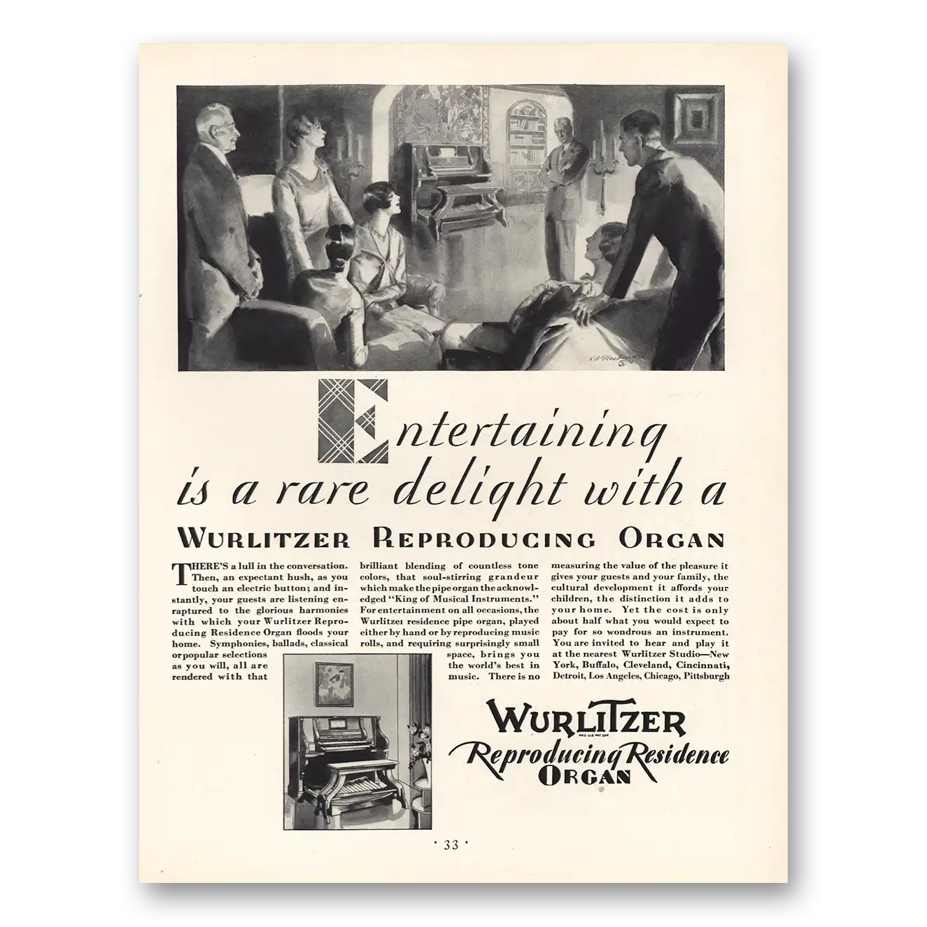 1930 Wurlitzer Organ Reproducing Residence Organ Rare Delight Vintage Magazine Print Ad