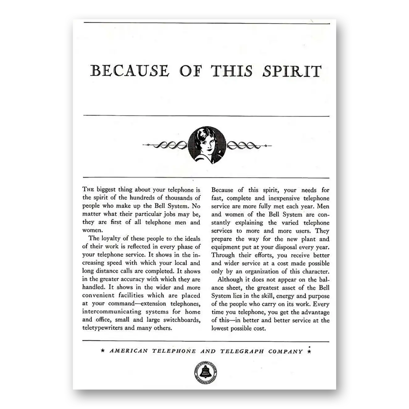 1931 American Telephone Because of this Spirit Vintage Magazine Print Ad