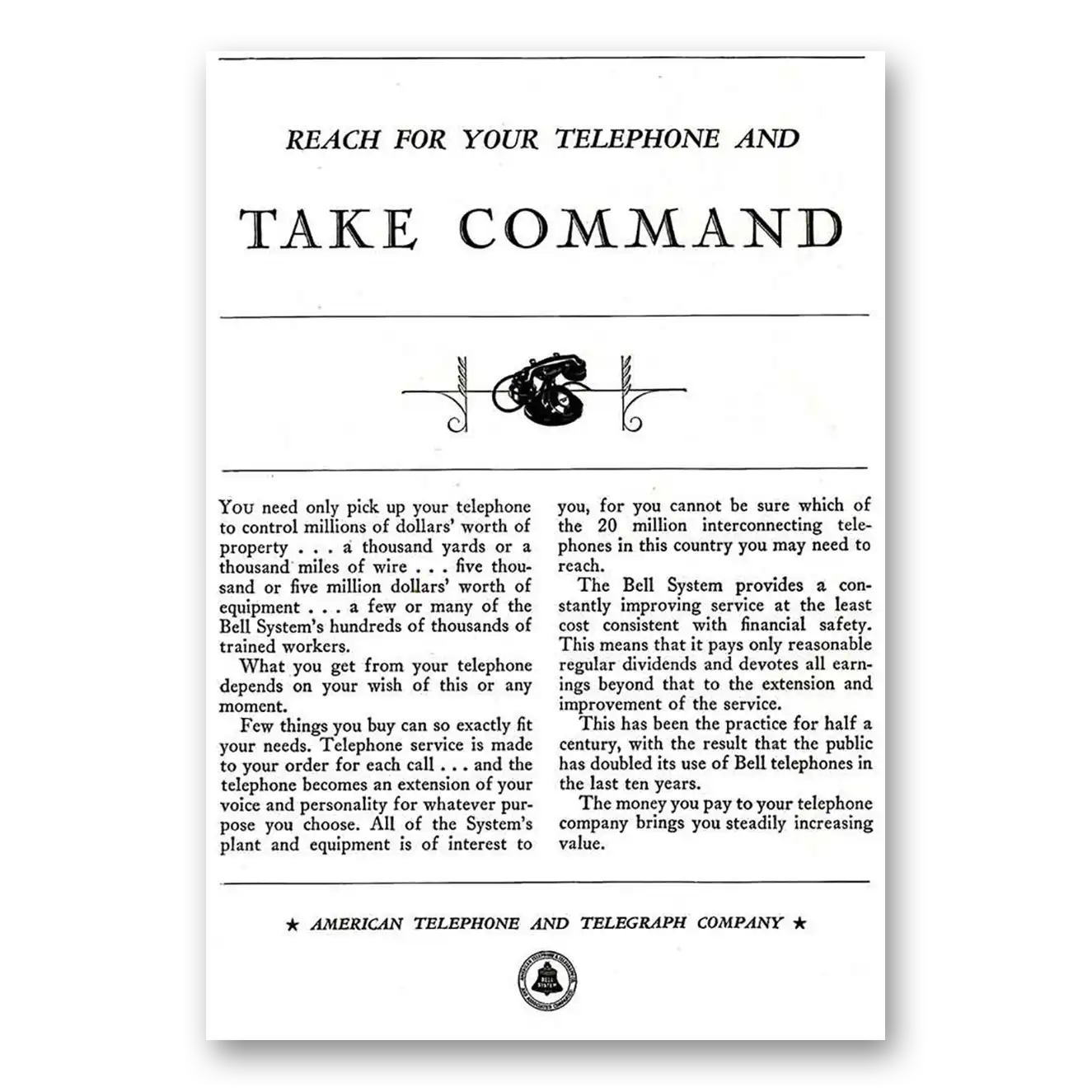 1931 American Telephone Reach for Your Telephone and Take Command Vintage Magazine Print Ad