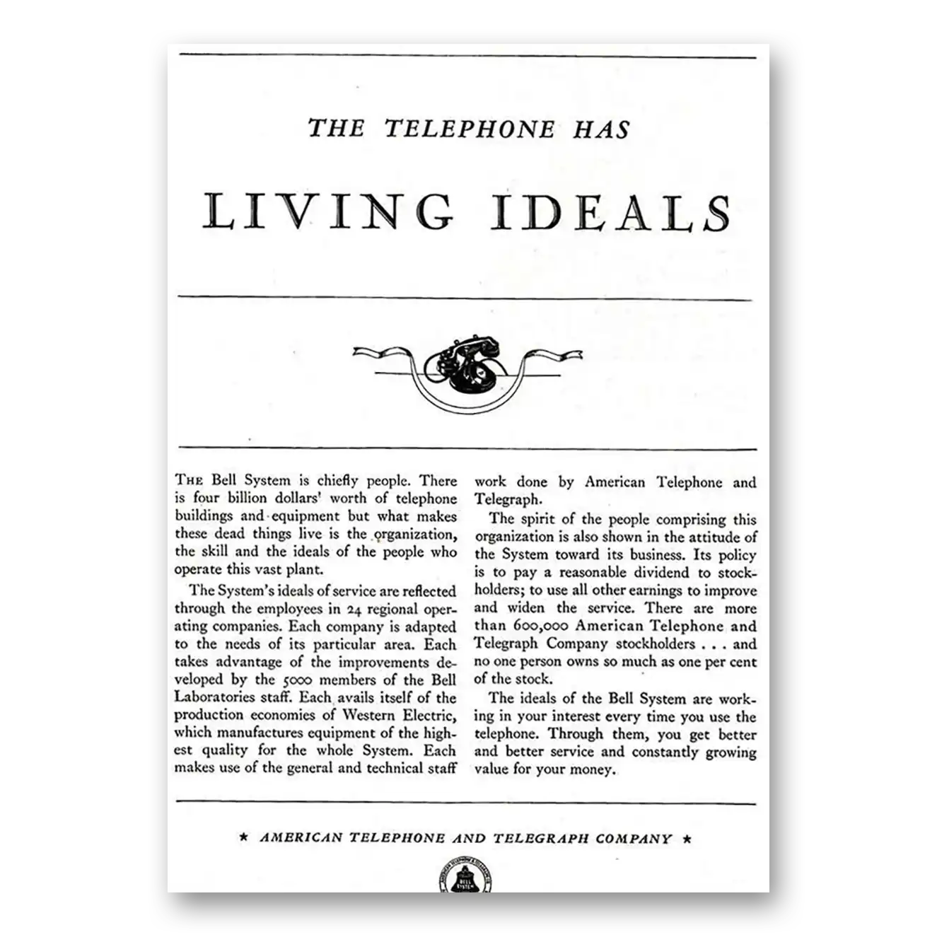 1931 American Telephone Telephone Has Living Ideals Vintage Magazine Print Ad