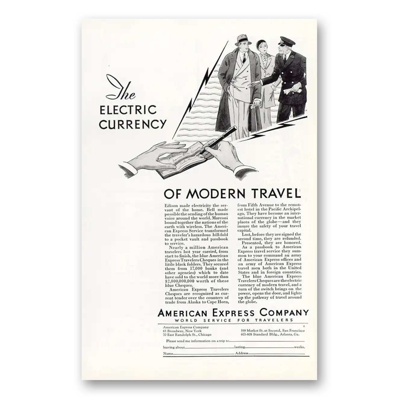 1931 American Express Electric Currency of Modern Travel Vintage Magazine Print Ad