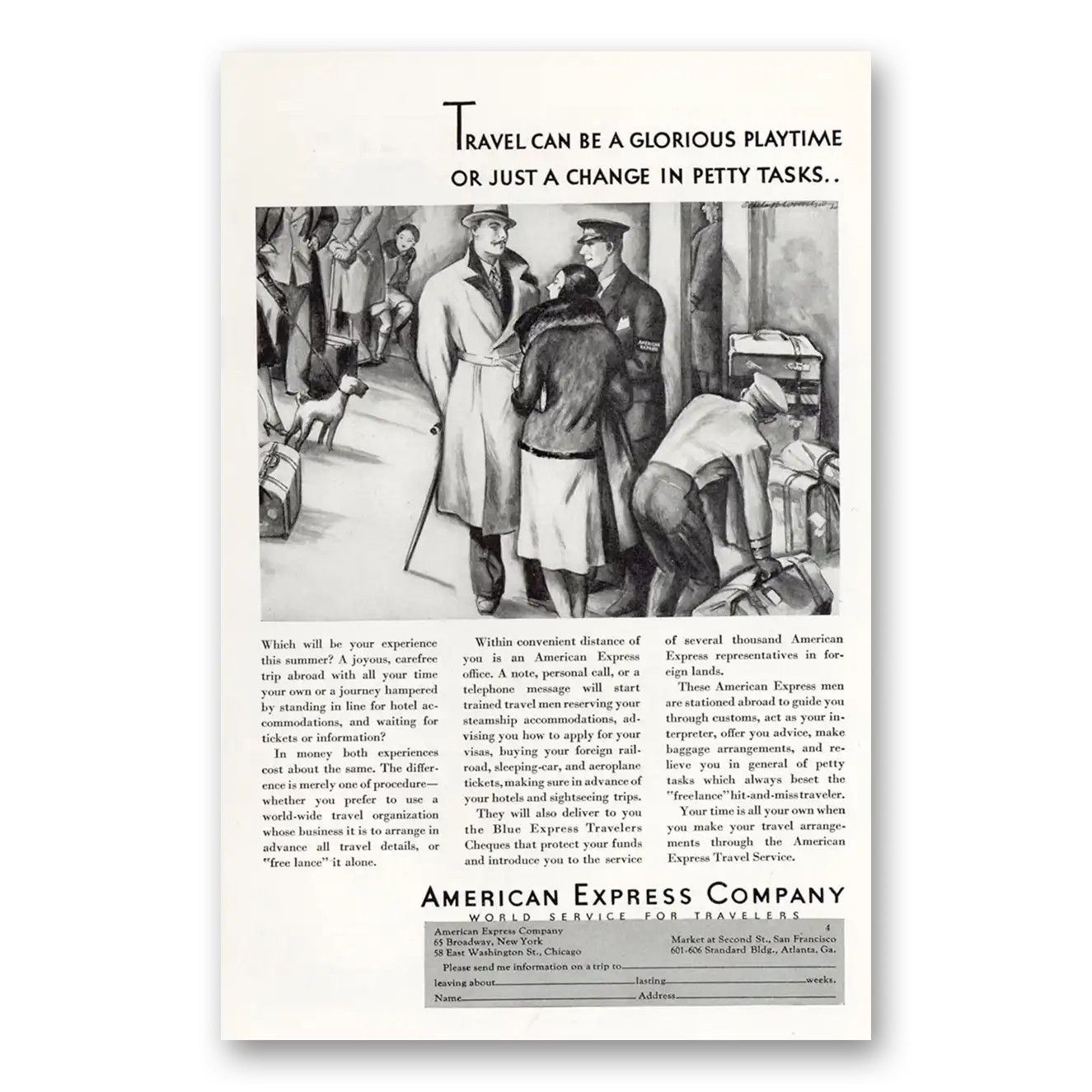 1931 American Express Glorious Playtime Petty Tasks Vintage Magazine Print Ad