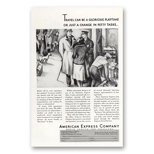 1931 American Express Glorious Playtime Petty Tasks Vintage Magazine Print Ad