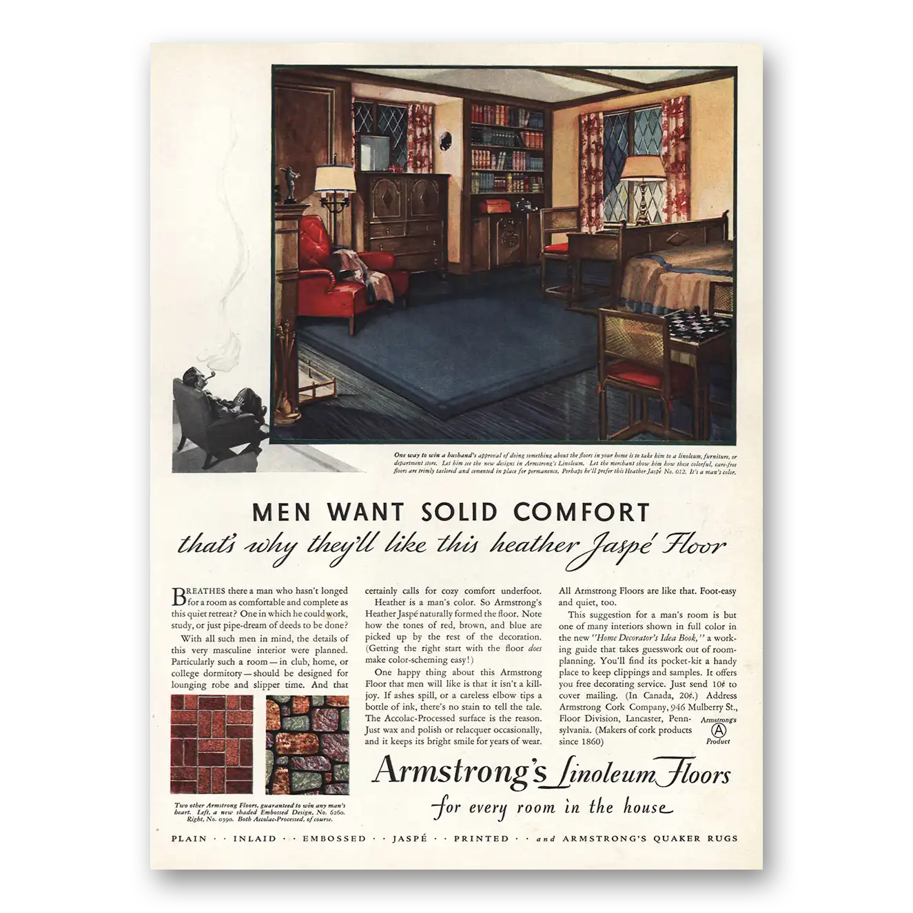 1931 Armstrong Linoleum Floors Men Want Solid Comfort Vintage Magazine Print Ad